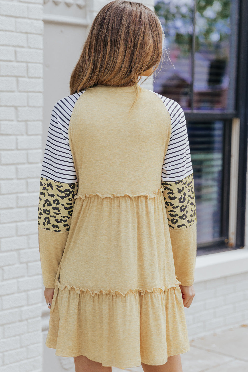 Black Striped Leopard Patchwork Long Sleeve Mini Dress