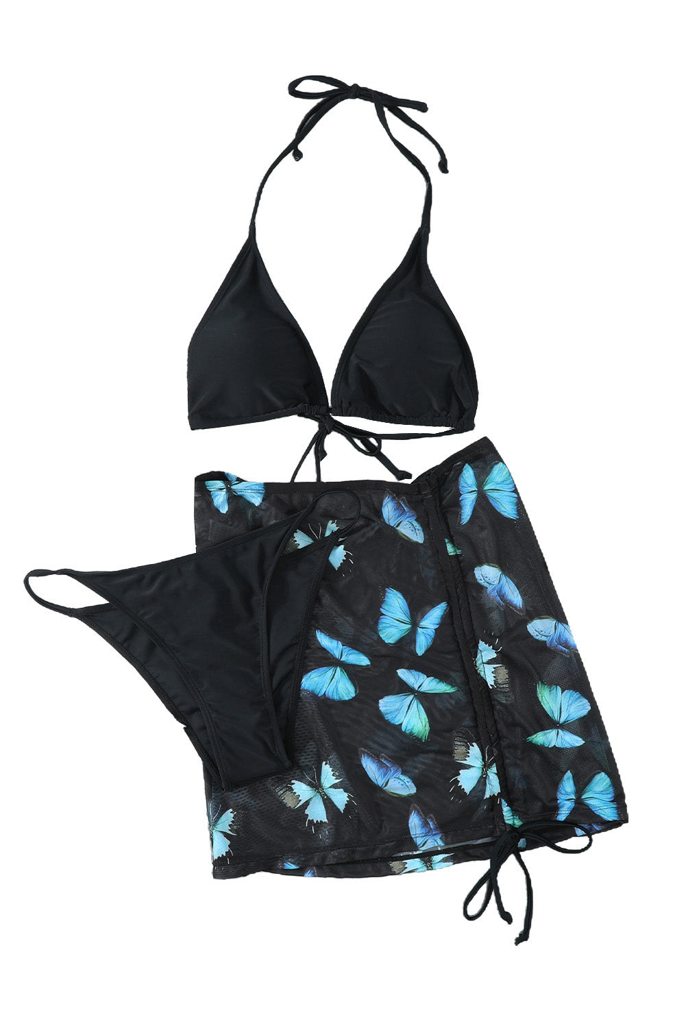 Black Halter Triangle Bikini with Drawstring Print Skirt