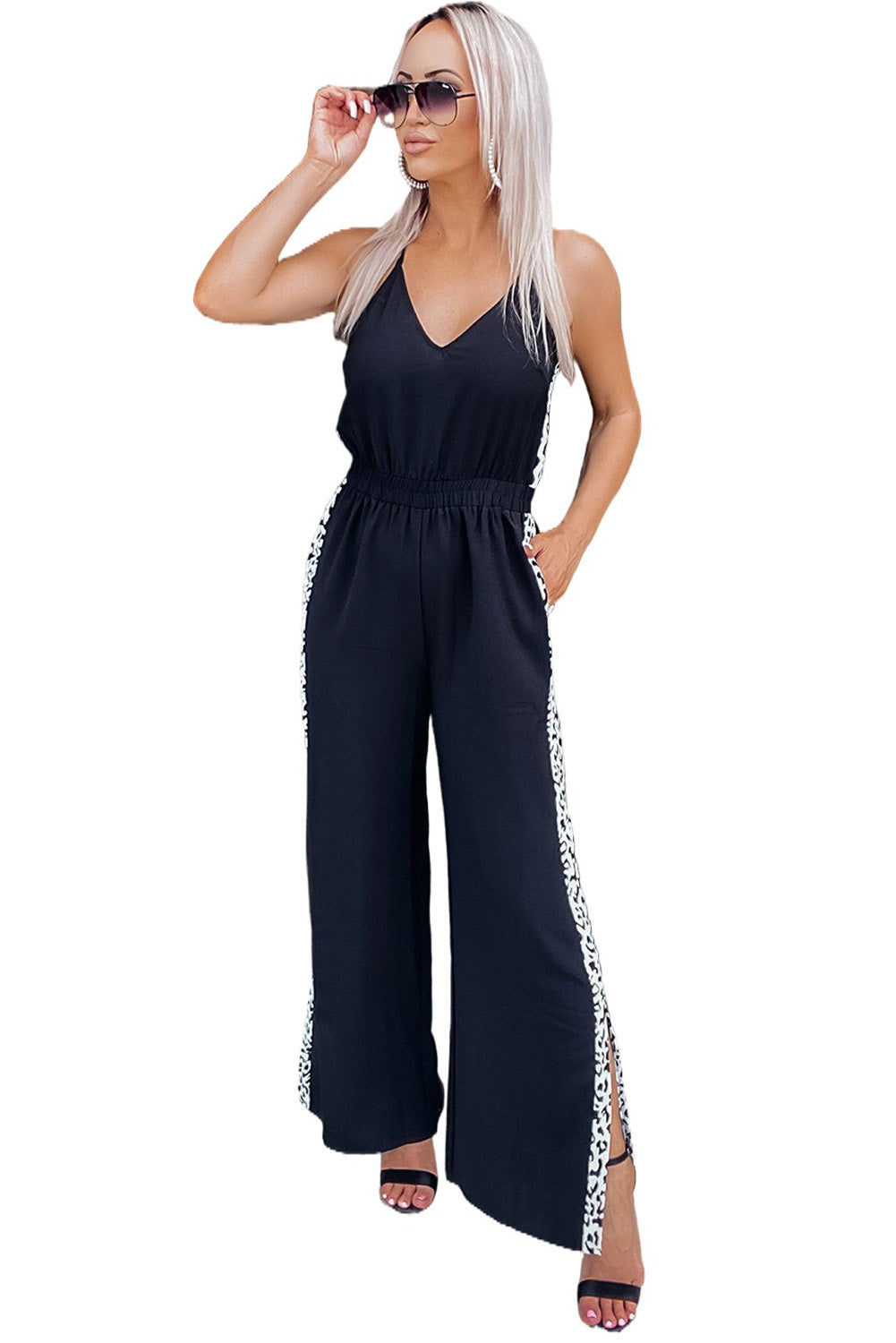 Black Leopard Patchwork Spaghetti Strap Wide Leg Jumpsuit