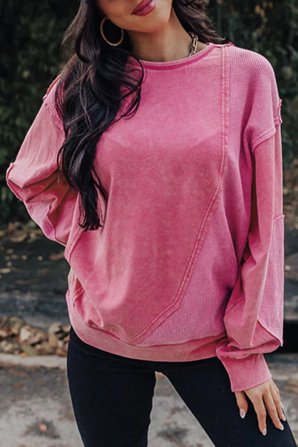 Pink Exposed Seam Waffle Knit Patchwork Sweatshirt