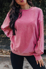 Pink Exposed Seam Waffle Knit Patchwork Sweatshirt