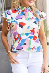 Multicolor Abstract Print Ruffle Sleeve Smocked Blouse