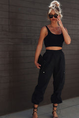 Black Elastic Waist Drawstring Cuffs Cargo Pants