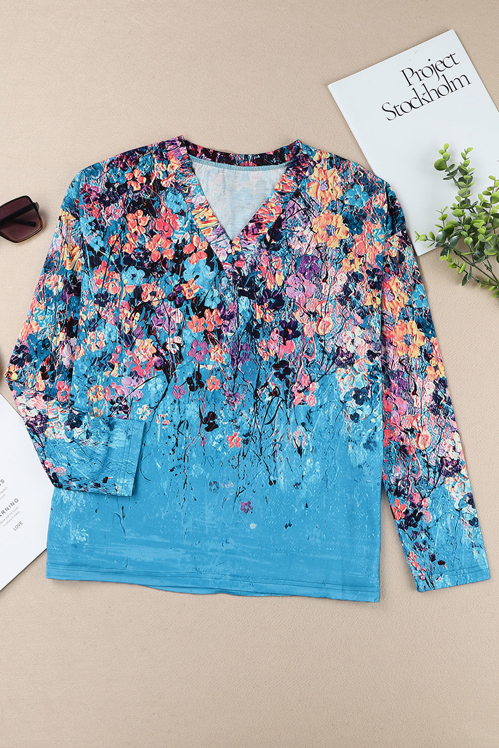 Blue Floral Print V Neck Long Sleeve Top