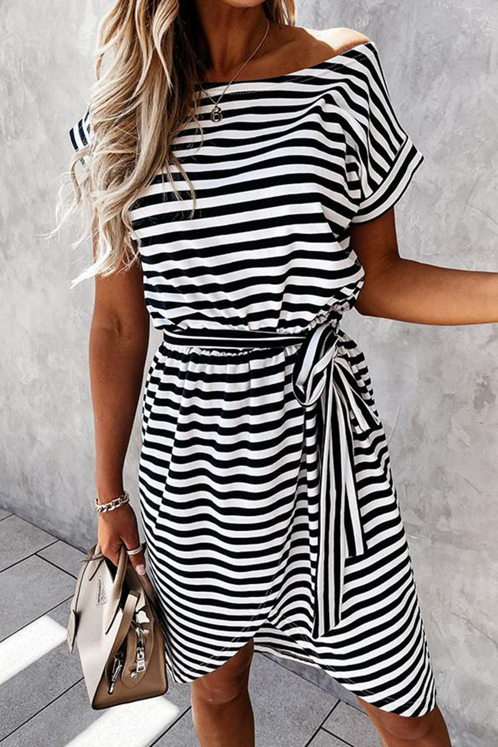 Black Stripe Short Sleeve Belted Wrapped Hemline T-Shirt Dress