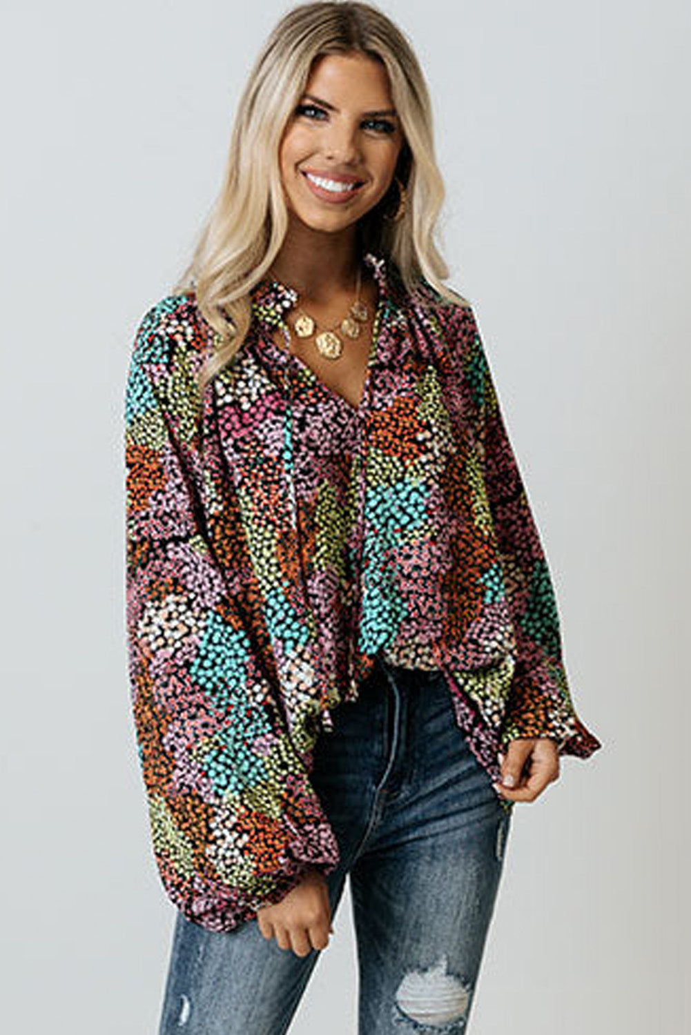 Multicolor Vibrant Floral Tie V Neck Puff Sleeve Blouse