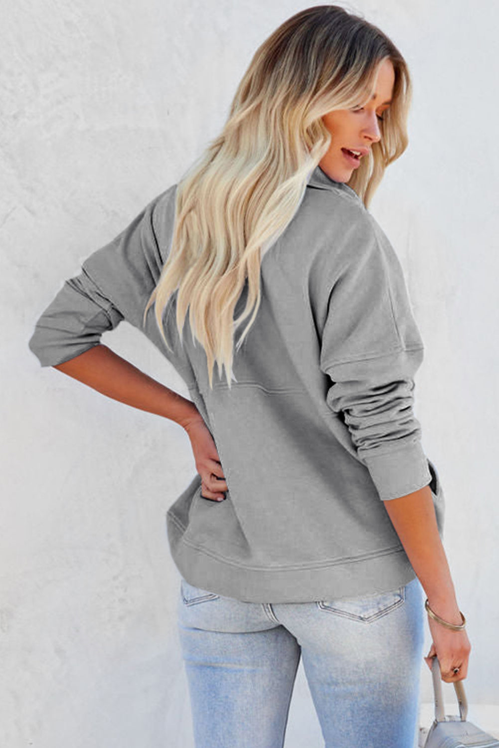 Dark Gray Solid Color Zip Collar Sweatshirt with Pockets