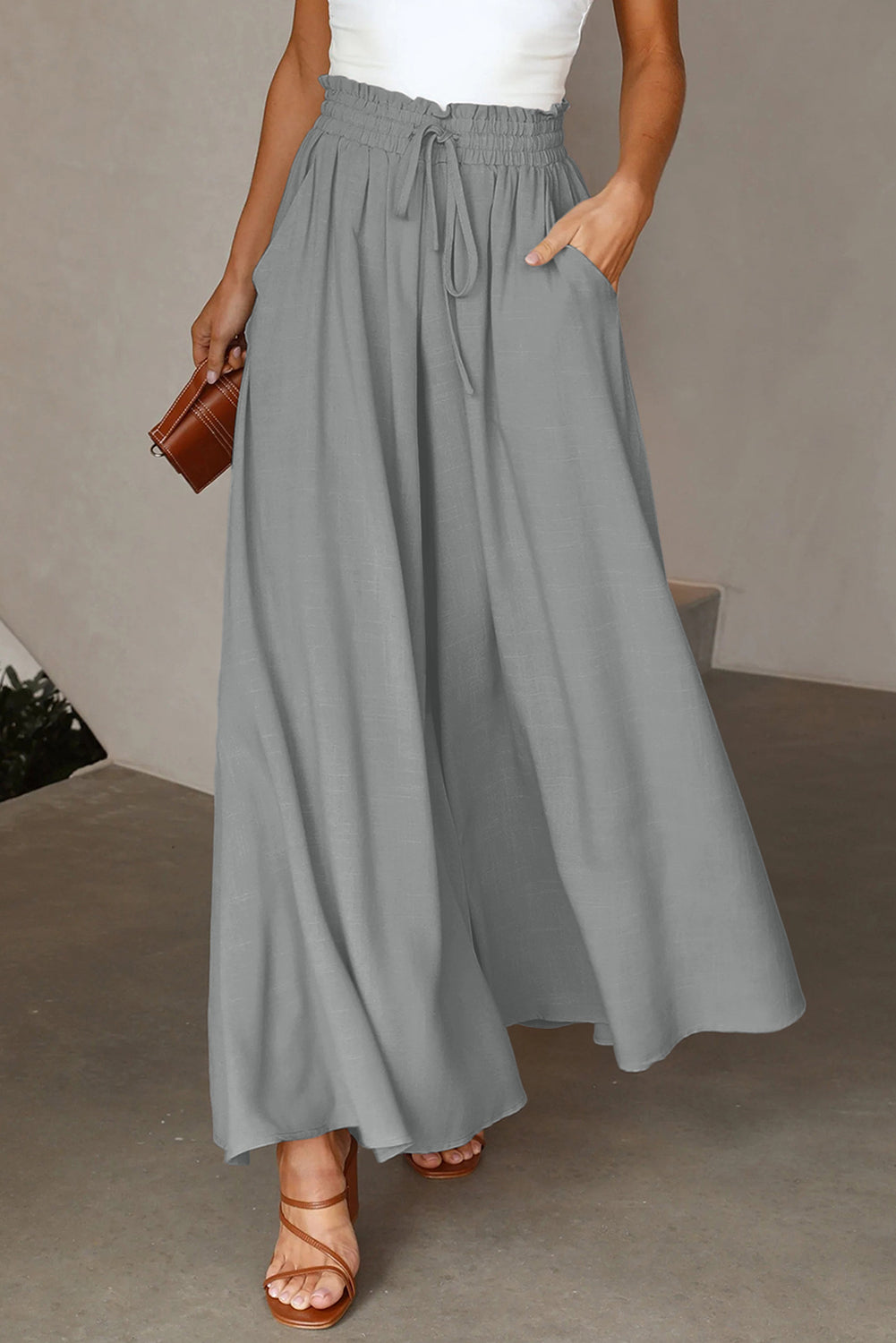 Beige Drawstring Smocked High Waist Wide Leg Pants