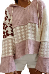 Multicolor Floral Check Pattern Colorblock Wide Sleeve Hooded Sweater