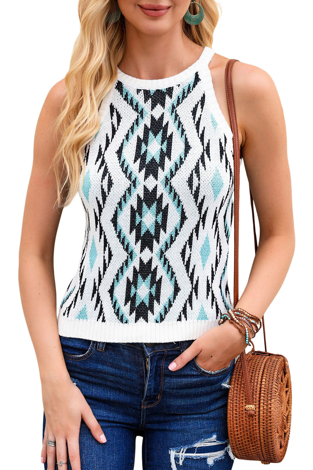 Black Aztec Geometric Print Knitted Tank Top