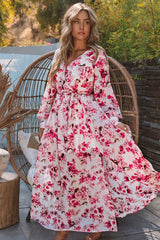 Pink Wrap V Neck Floral Maxi Dress