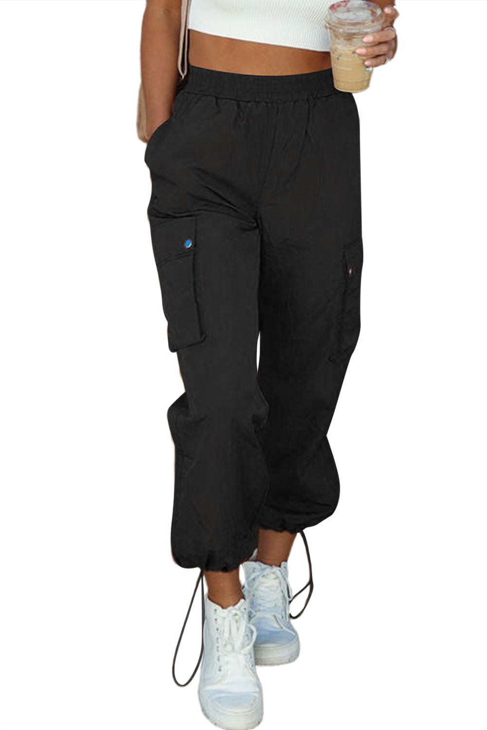 Black Elastic Waist Drawstring Cuffs Cargo Pants