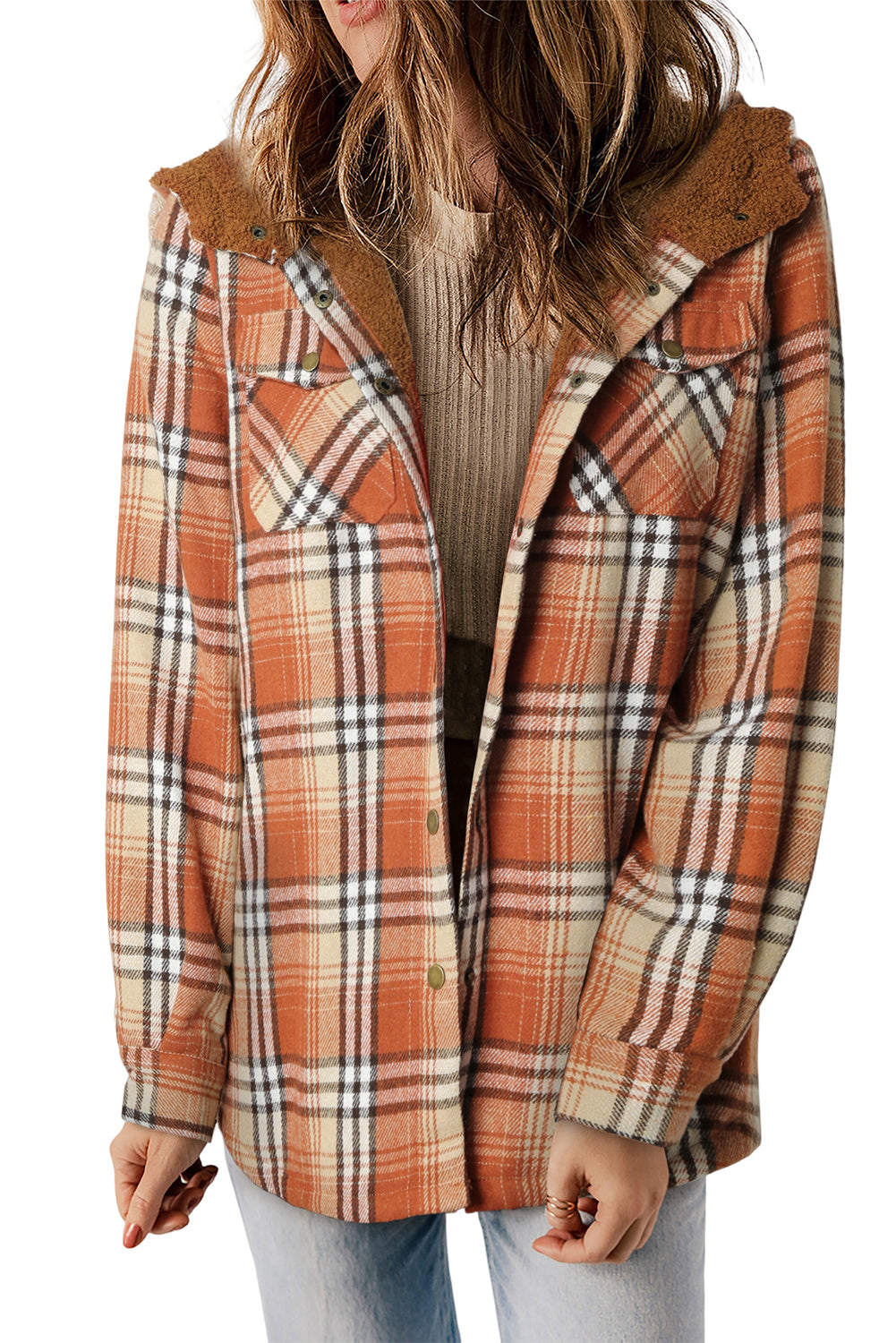 Orange Plaid Pattern Sherpa Lined Hooded Shacket