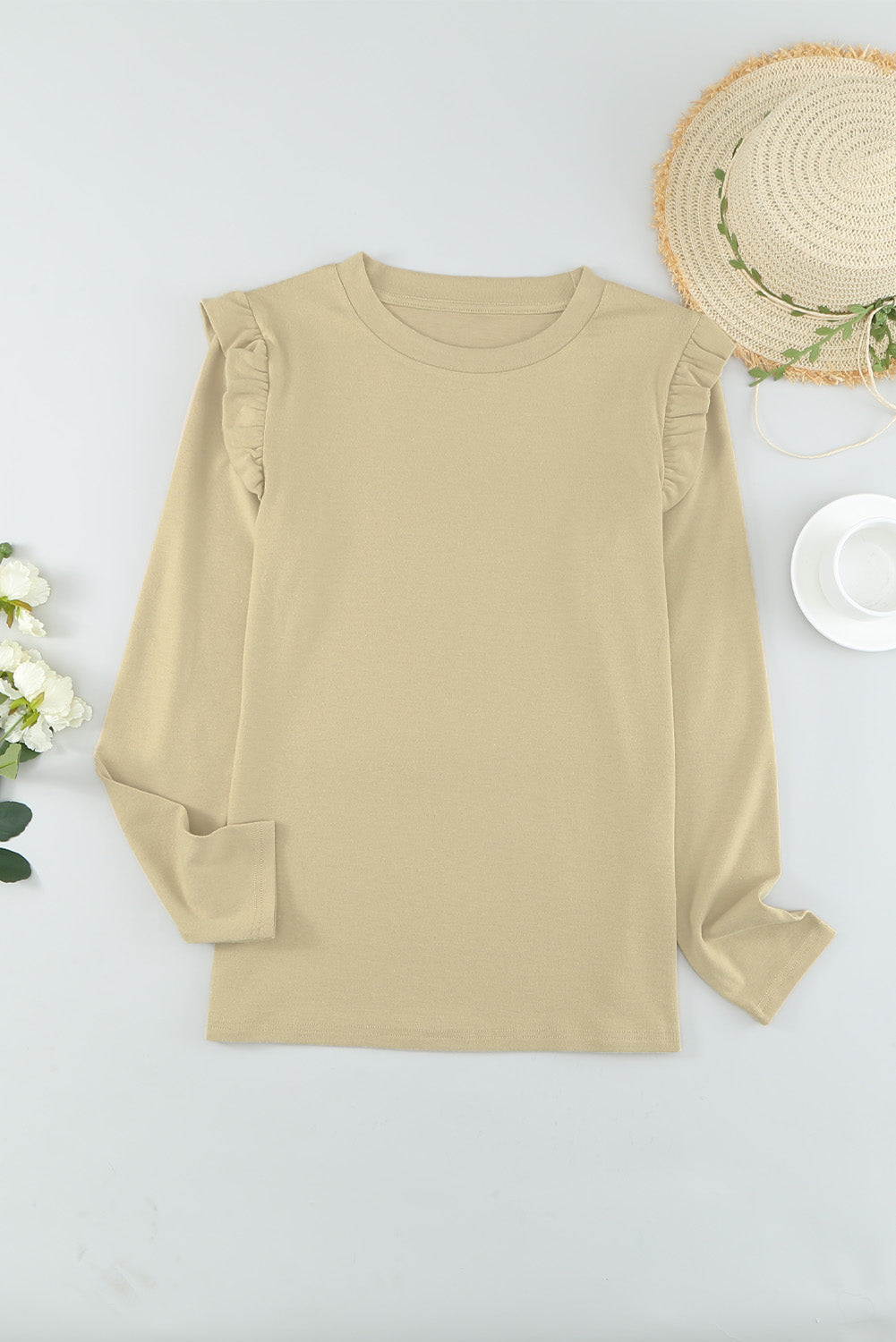 Khaki Ruffle Slim-fit Long Sleeve Top