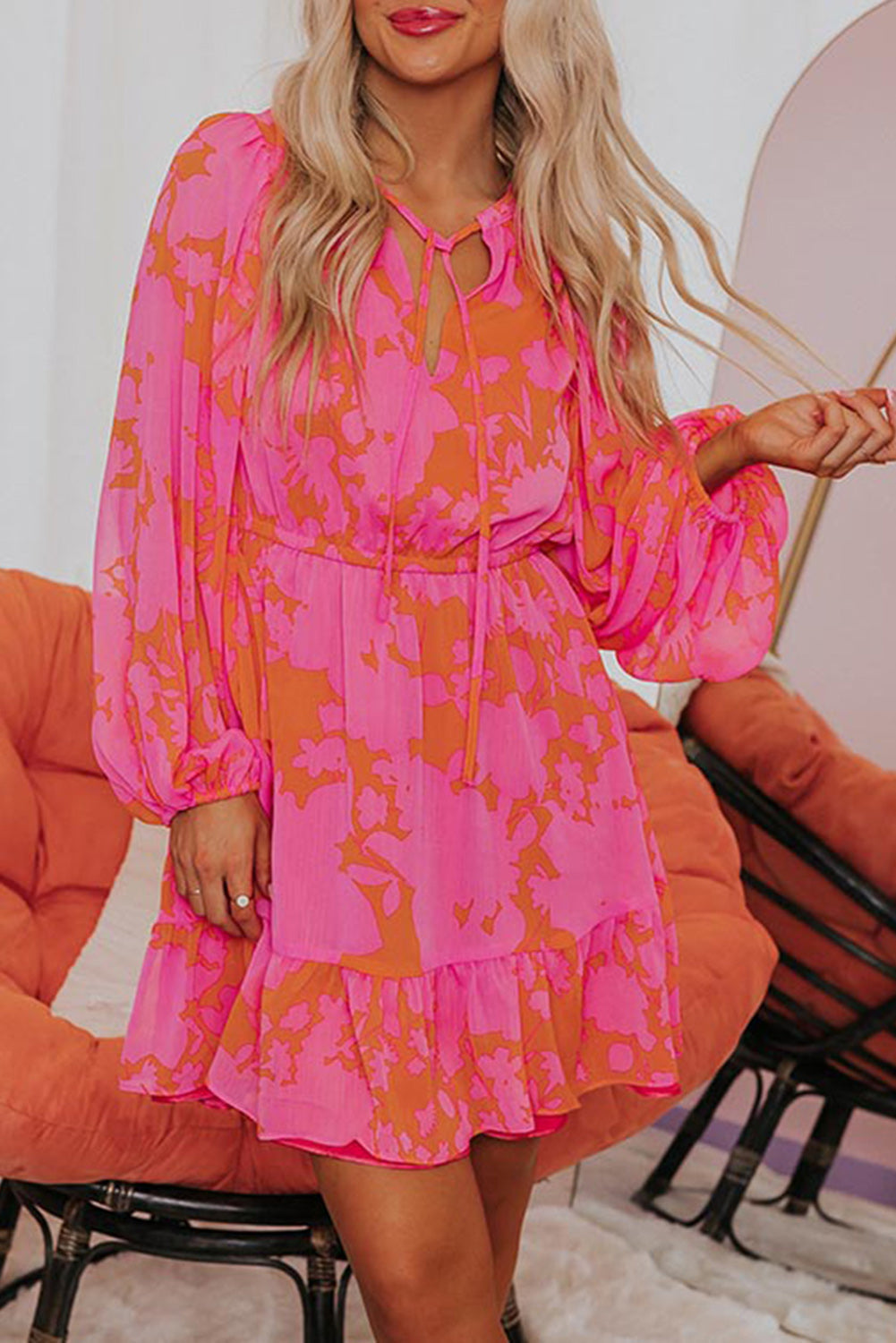Rose Abstract Printed Puff Sleeve Ruffle Flowy Dress