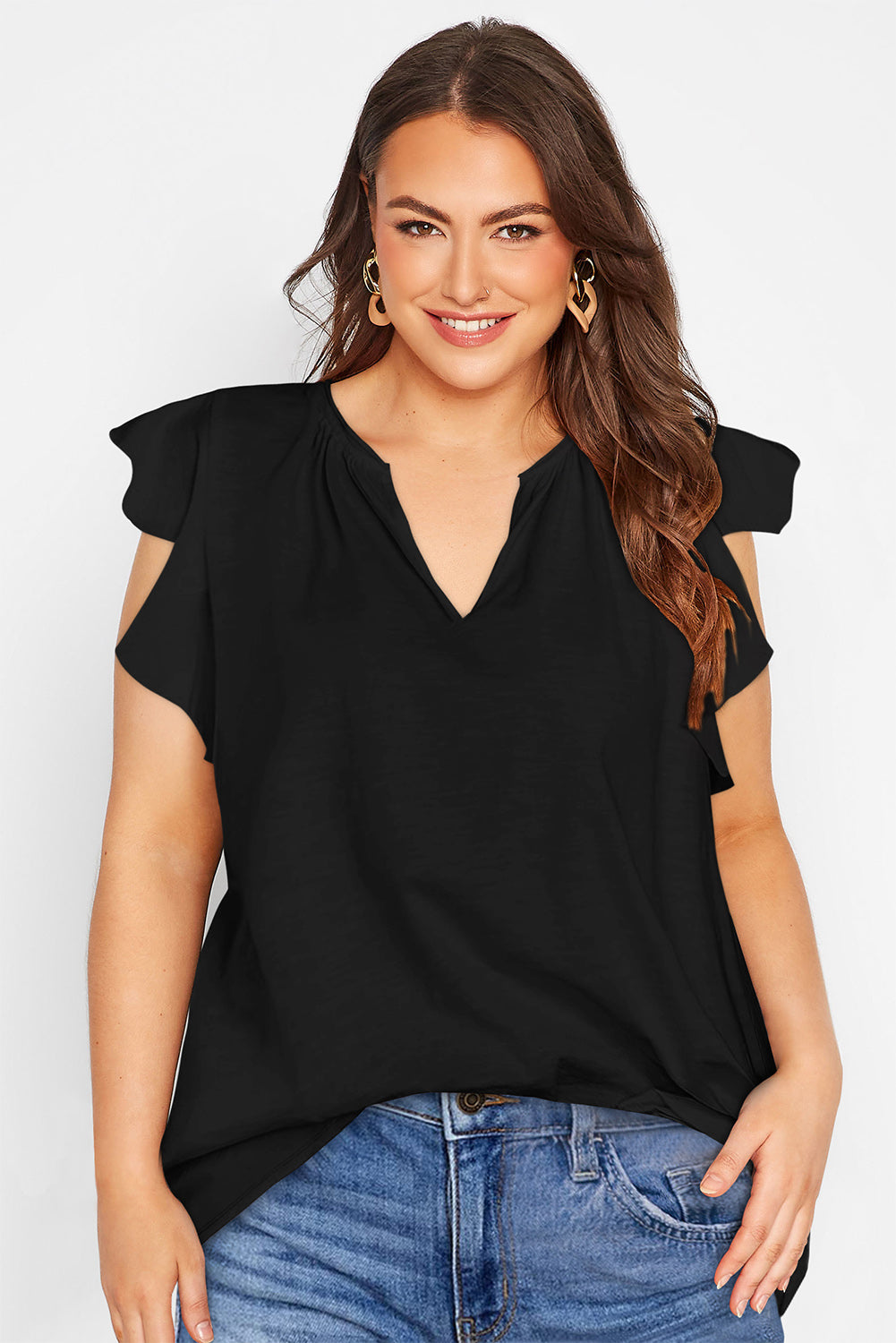 Black V Neck Ruffle Sleeve Plus Size Top