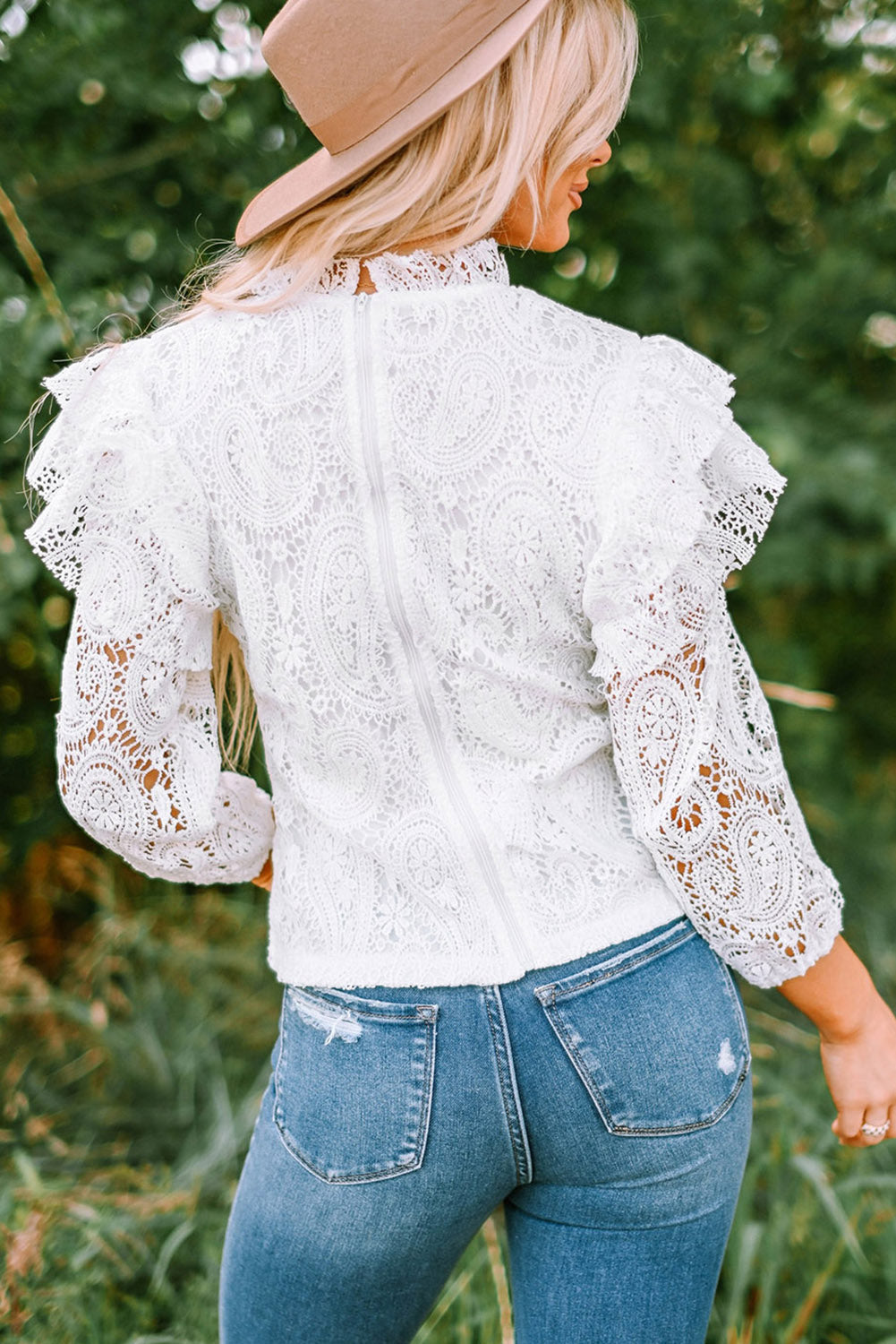 White Mock Neck Ruffled Long Sleeve Lace Top