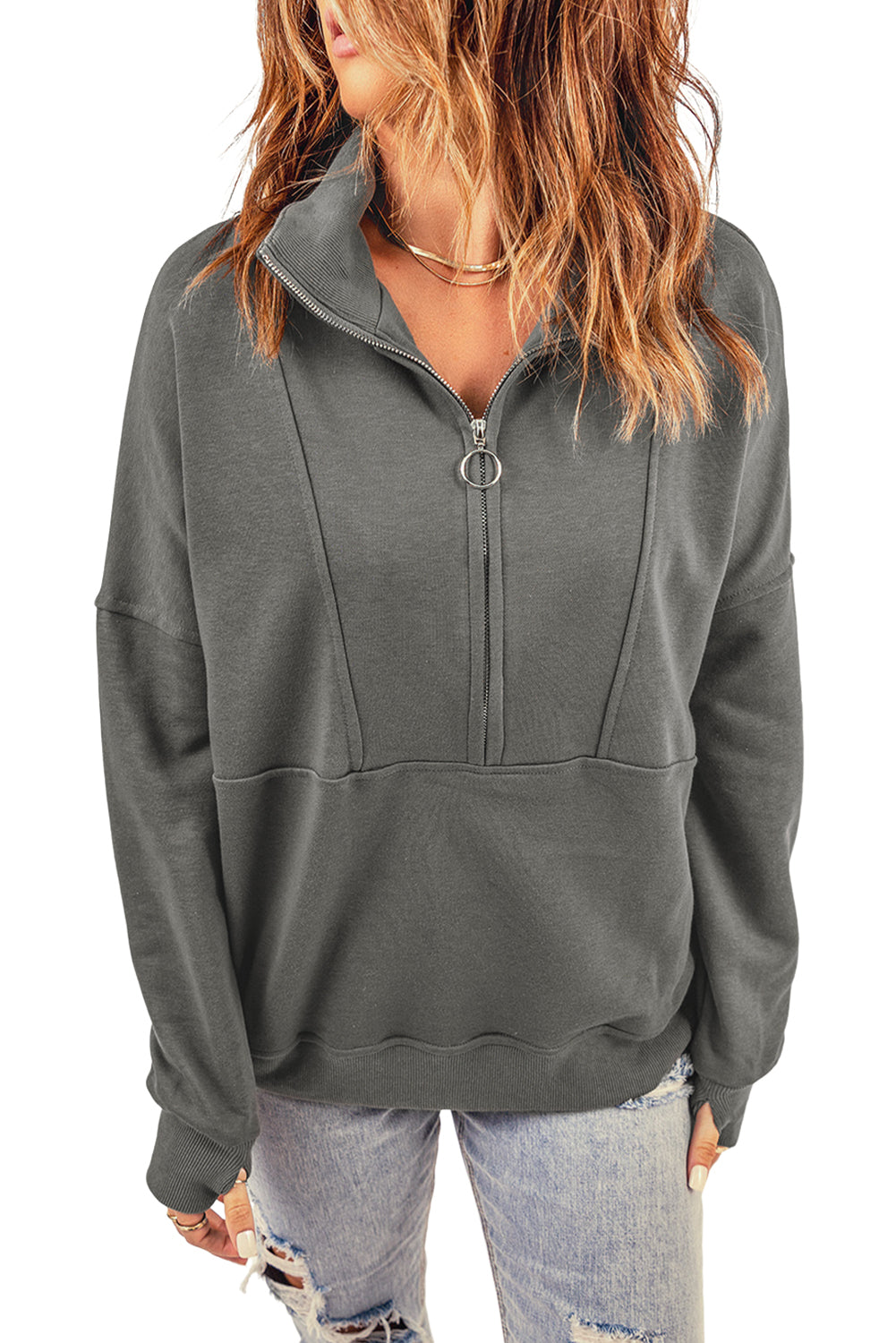 Dark Gray Solid Color Zip Collar Sweatshirt with Pockets