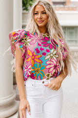 Multicolor Vibrant Floral Print Trimmed Ruffle Sleeve Blouse