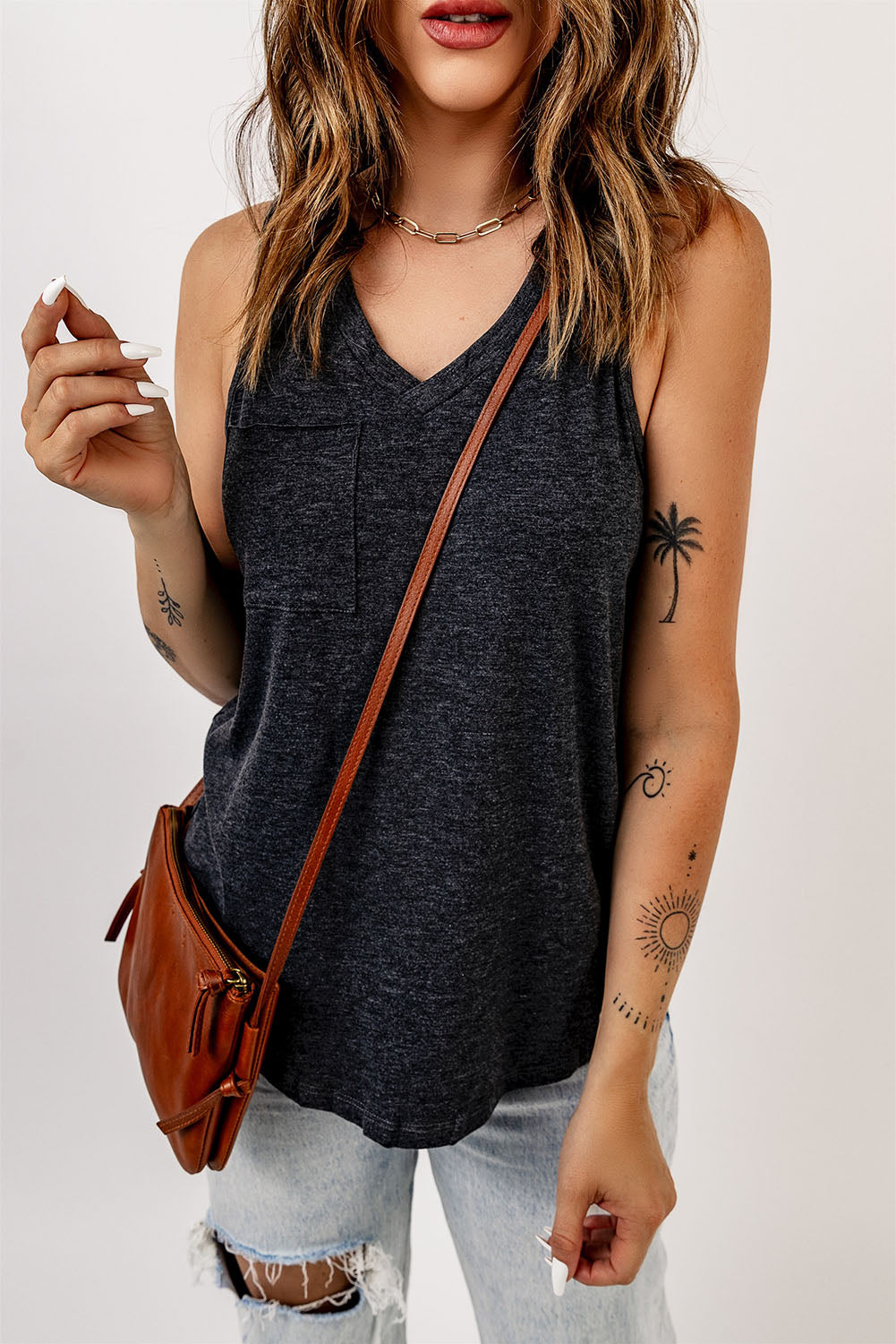 Black V Neck Racerback Tank Top with Pocket