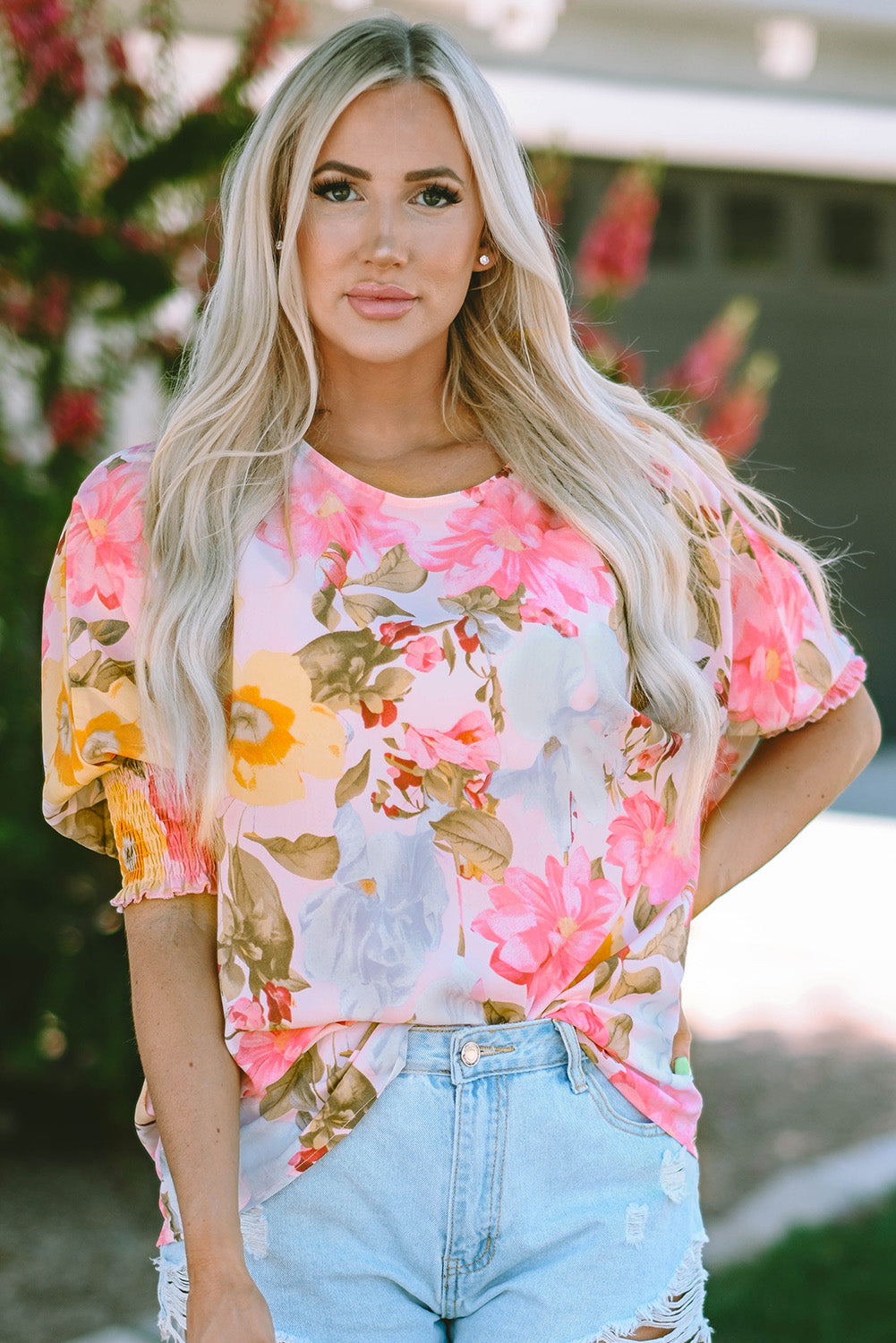 Pink Notched Neck Ruffle Floral Dress