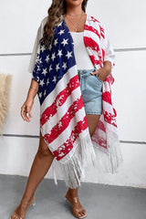 Multicolor Plus Size American Flag Tasseled 3/4 Sleeve Cardigan