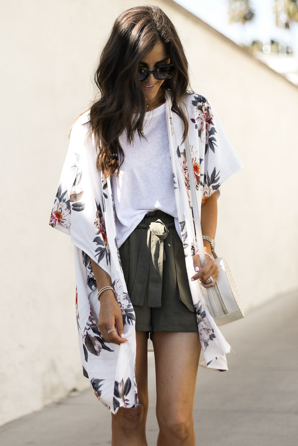 White Floral Print Summer Kimono