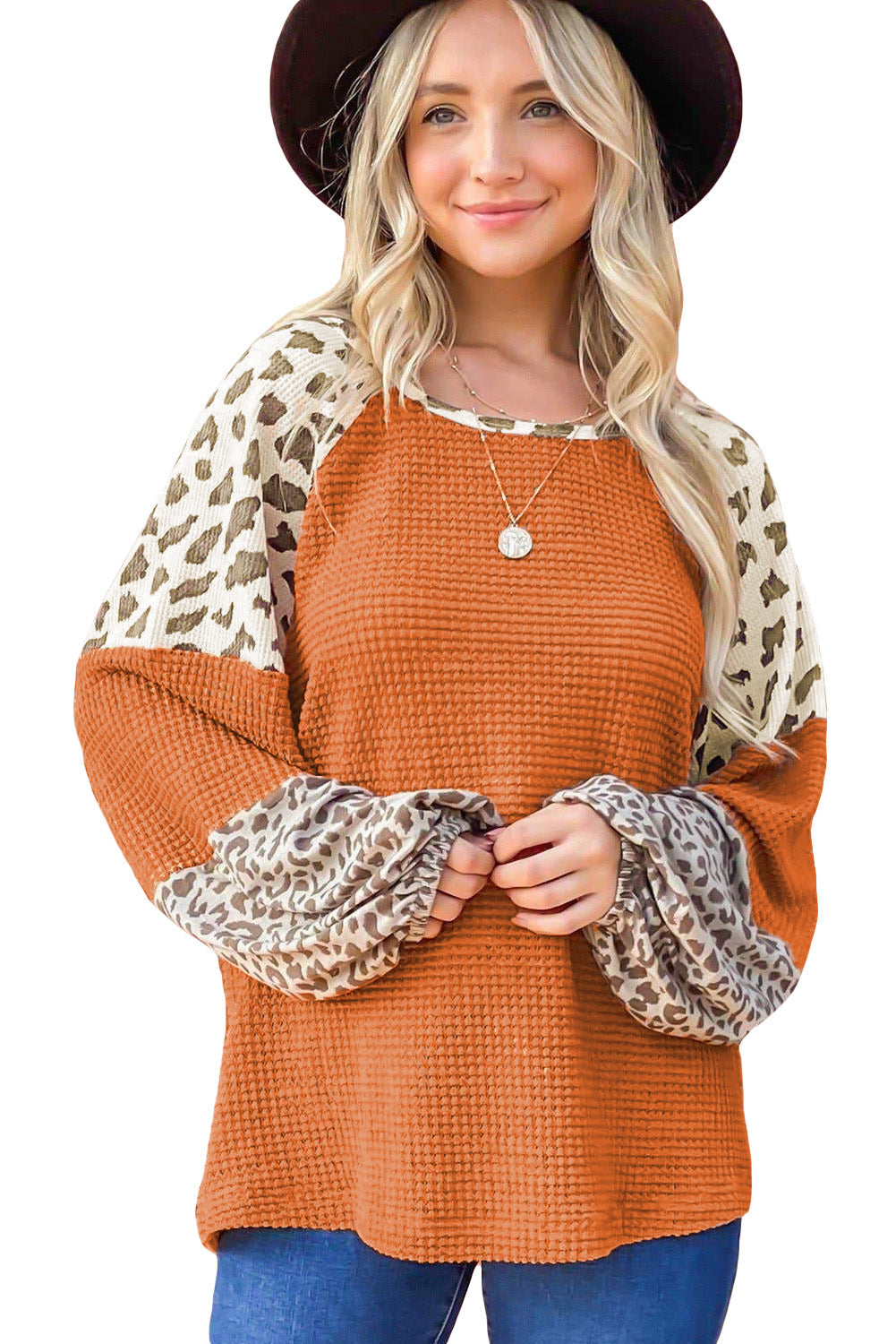 Orange Leopard Colorblock Waffle Knit Top