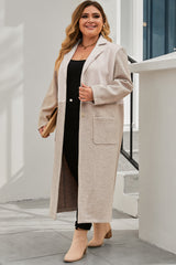 Khaki Plus Size Colorblock Lapel Collar Long Coat