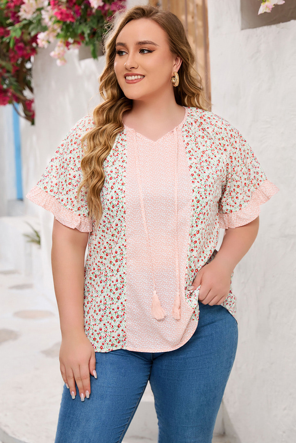 Pink Dotty Floral Patchwork Plus Size Long Sleeve Blouse