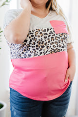 Pink Color Block Splicing Striped Leopard Plus Size Tee