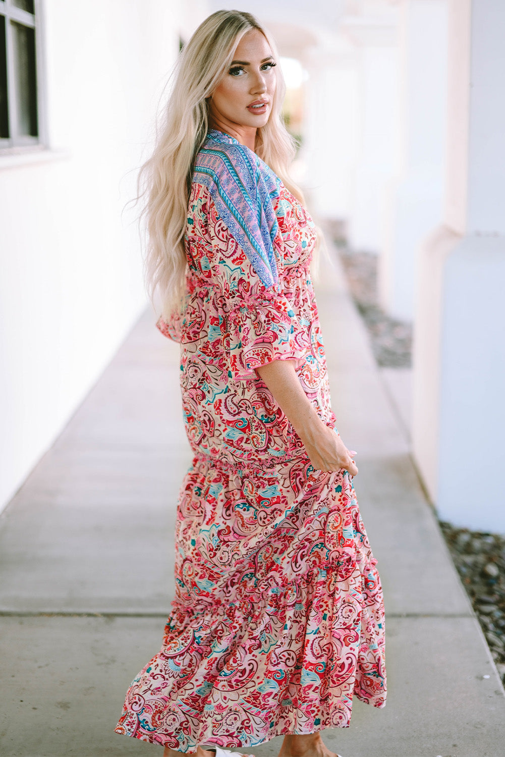 Red Boho Floral Paisley Print Tassel Tie V Neck Maxi Dress
