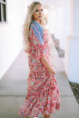 Red Boho Floral Paisley Print Tassel Tie V Neck Maxi Dress