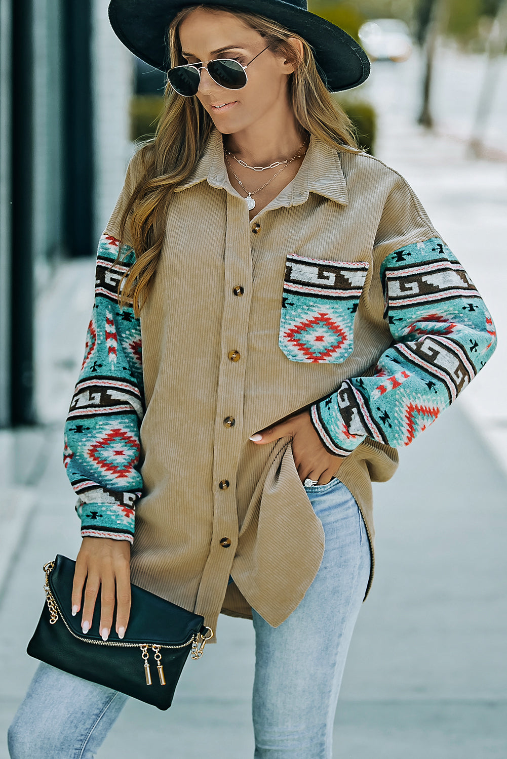 Gray  Aztec Pattern Sleeve Pocketed Corduroy Shacket