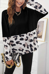 Black Leopard Color Block Long Sleeve Top