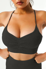 Black Ribbed Y-shaped Spaghetti Strap Sports Bra