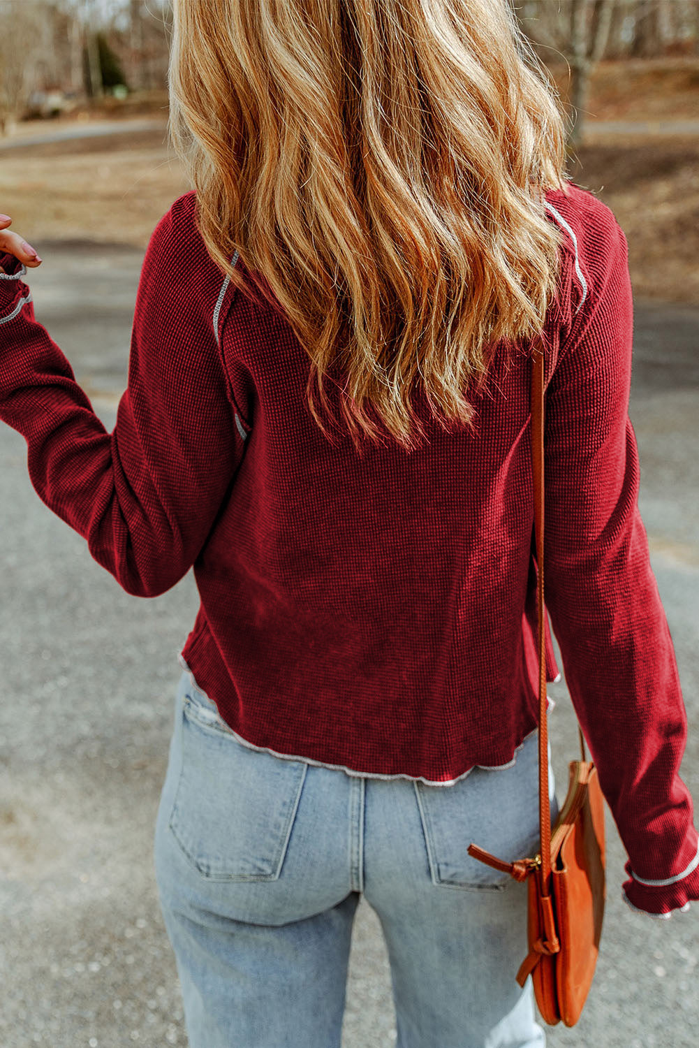 Red Textured Round Neck Long Sleeve Top