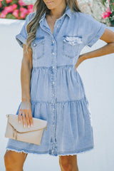 Buttoned Frayed Pocket Short Sleeve Denim Dress