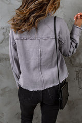 Distressed Flap Pockets Frayed Hemline Denim Jacket