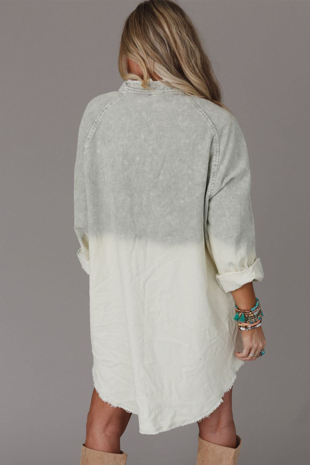 Gray Gradient Long Sleeve Button Up Raw Hem Denim Dress