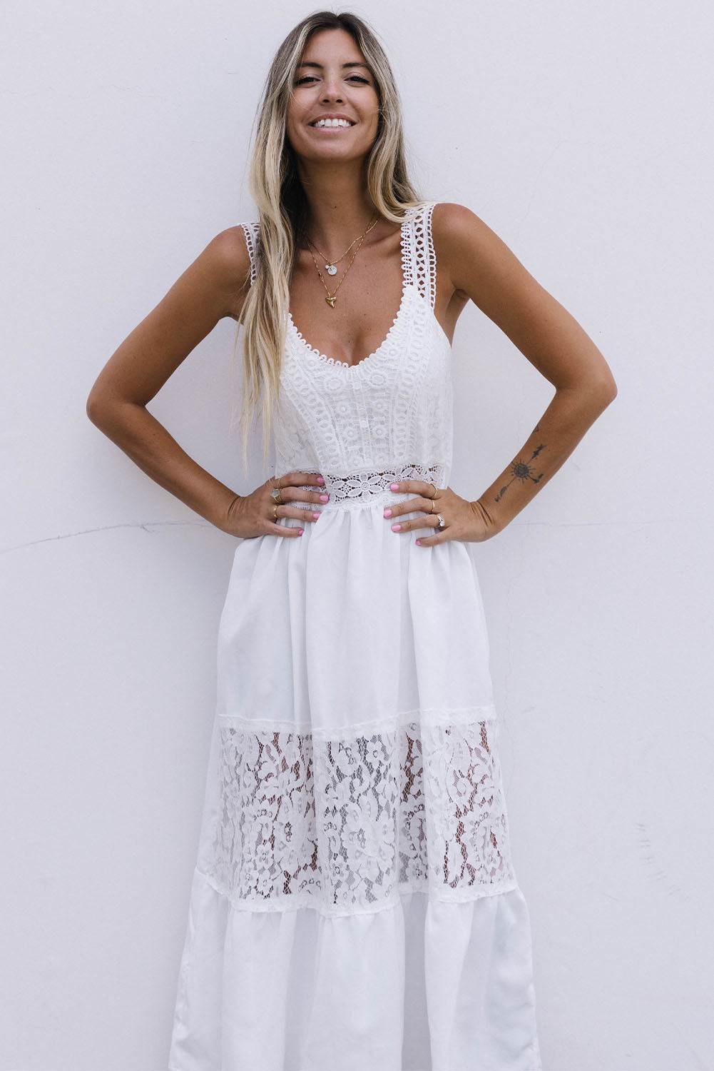 White Floral Lace Tiered Patchwork Sleeveless Dress