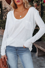 White Plain Basic Long Sleeve Tee with Pocket