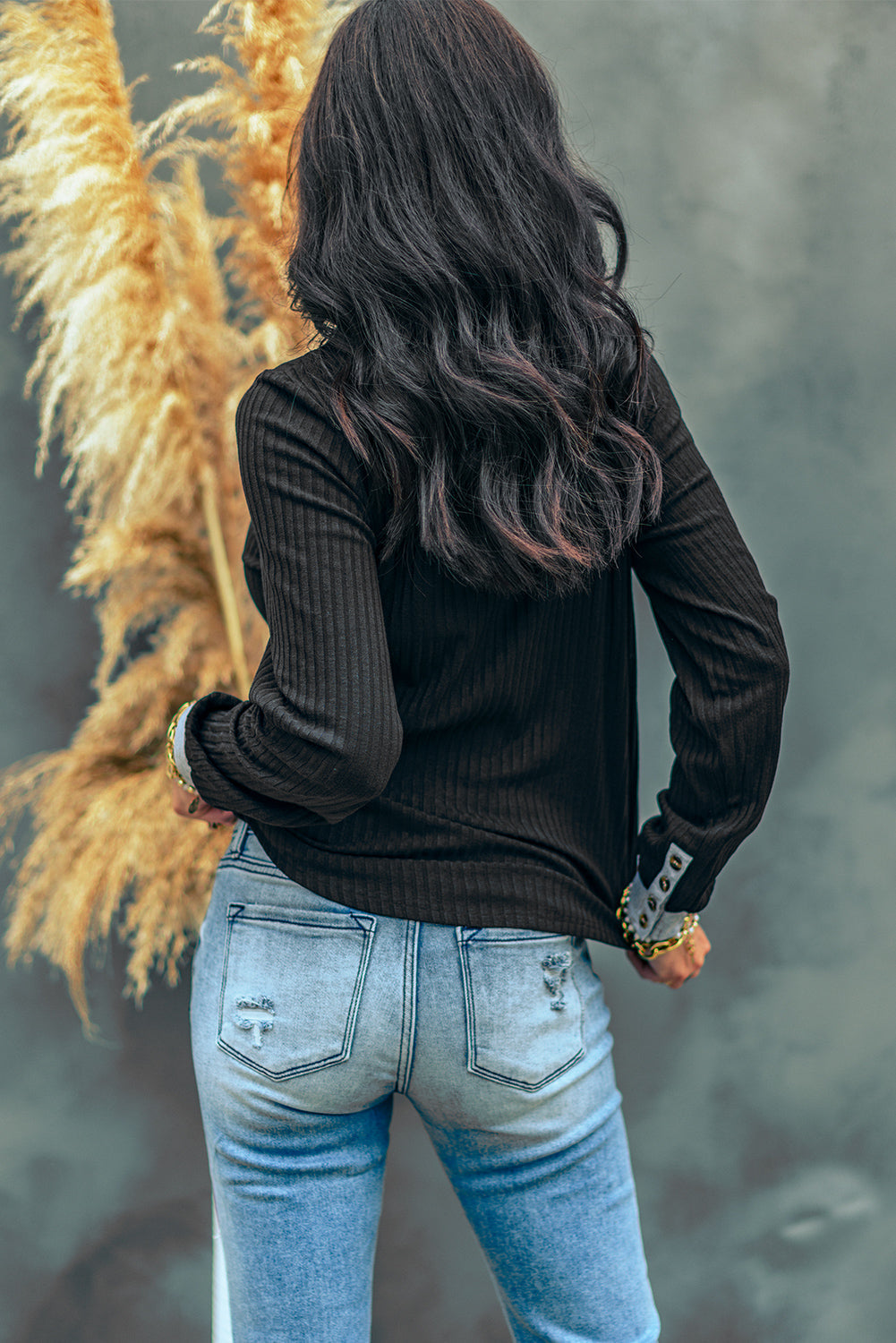 Black Contrast Neckline Ribbed Knit Henley Top