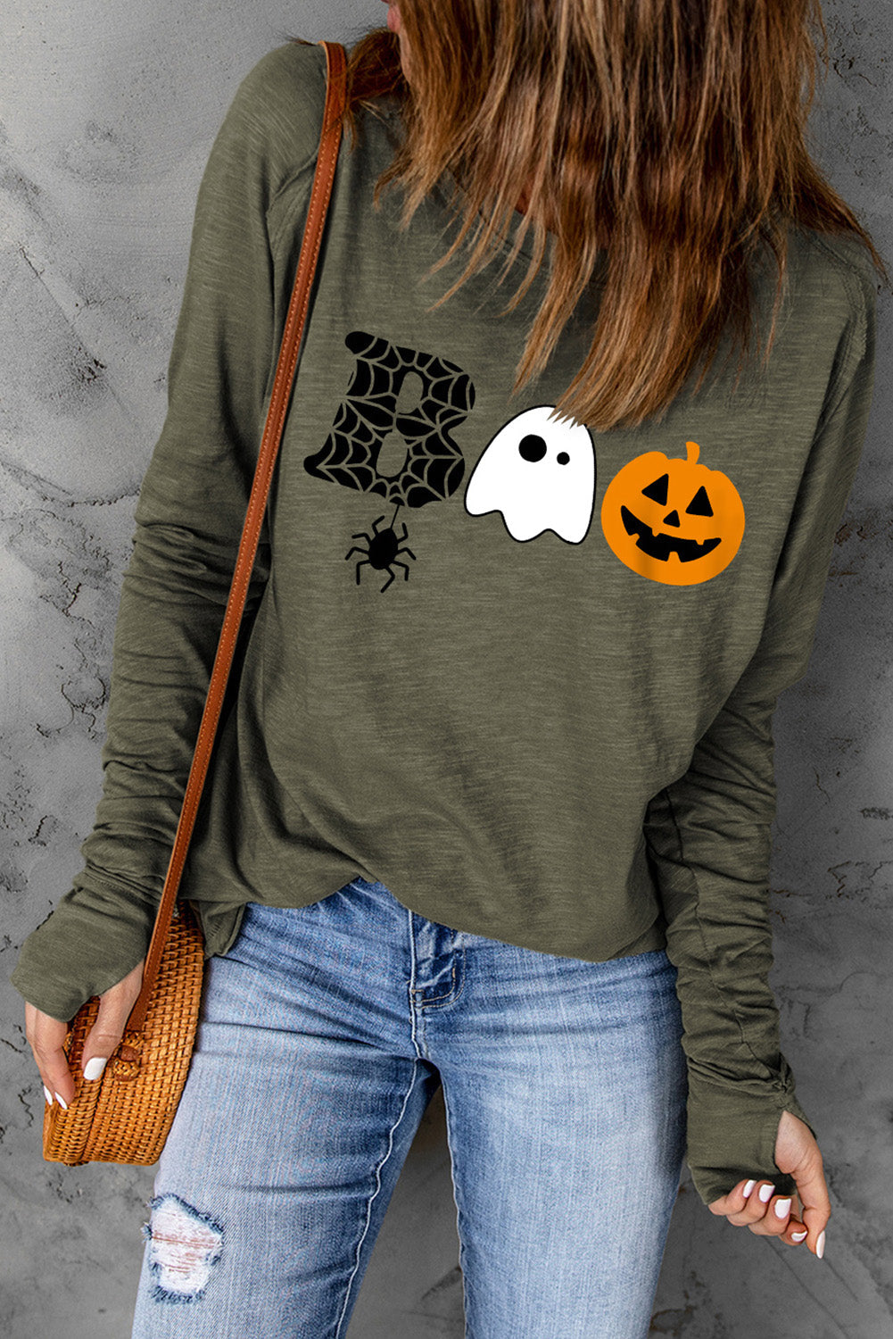 Black Halloween Pumpkin Graphic Thumbhole Sleeve Top