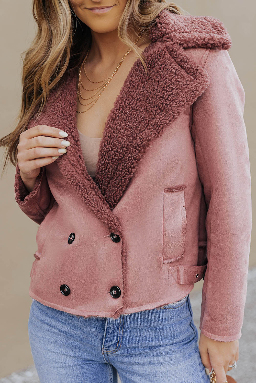 Pink Plush Lining Suede Cropped Double Breasted Coat