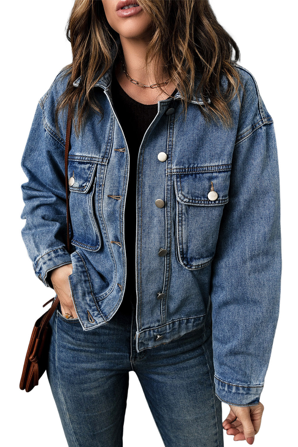 Turn Down Collar Pocket Buttoned Denim Jacket