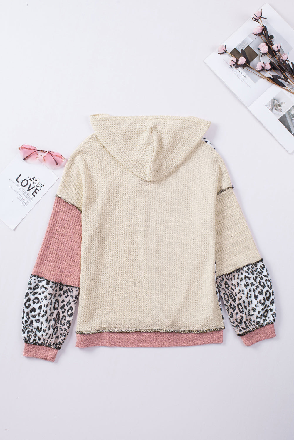 Leopard Colorblock Patchwork Waffle Knit Hoodie
