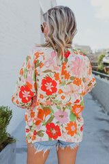 Orange Blooming Flowers Frill Trim Puff Sleeve Blouse