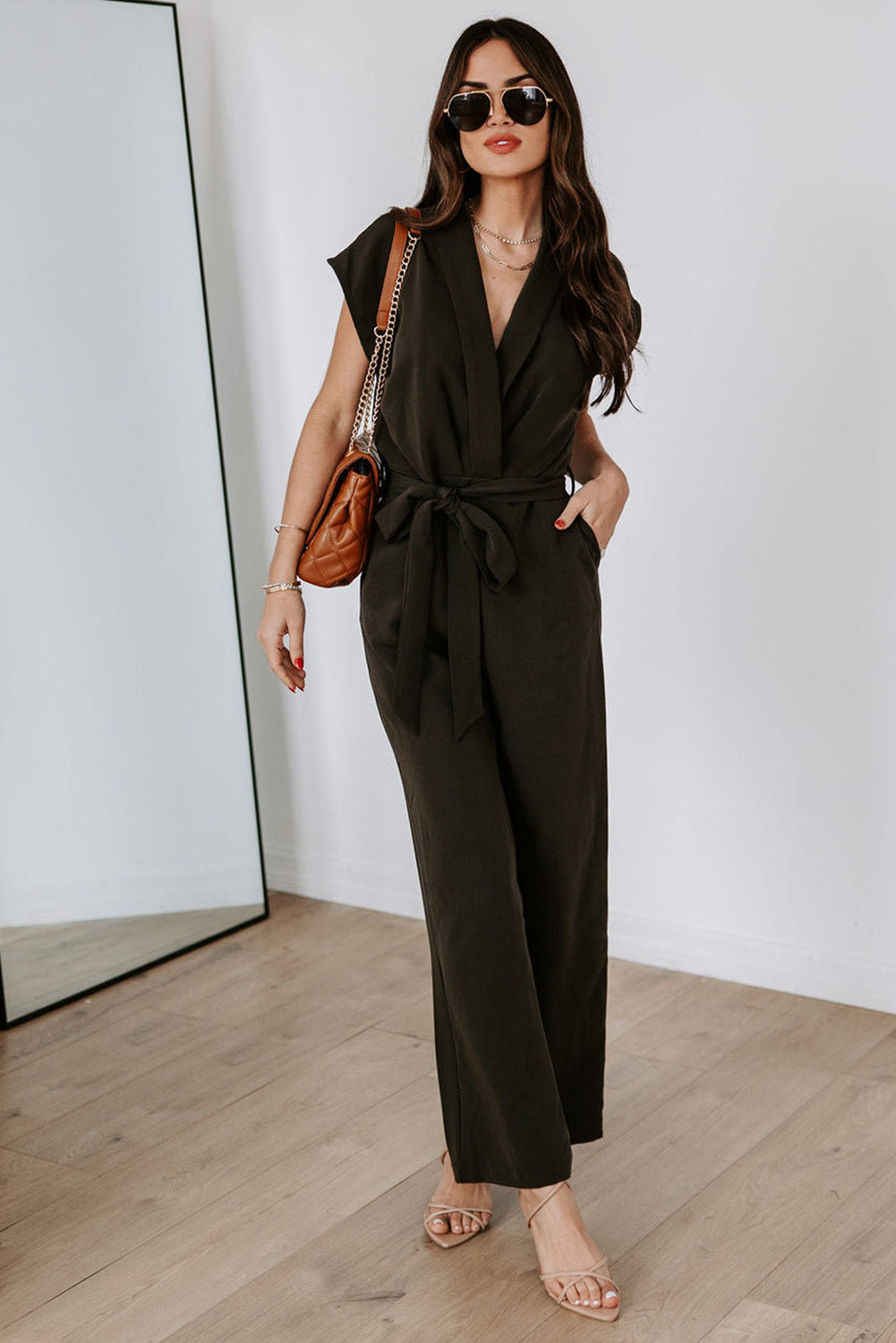 Black V Neck Pocketed Tie Waist Wide Leg Jumpsuit