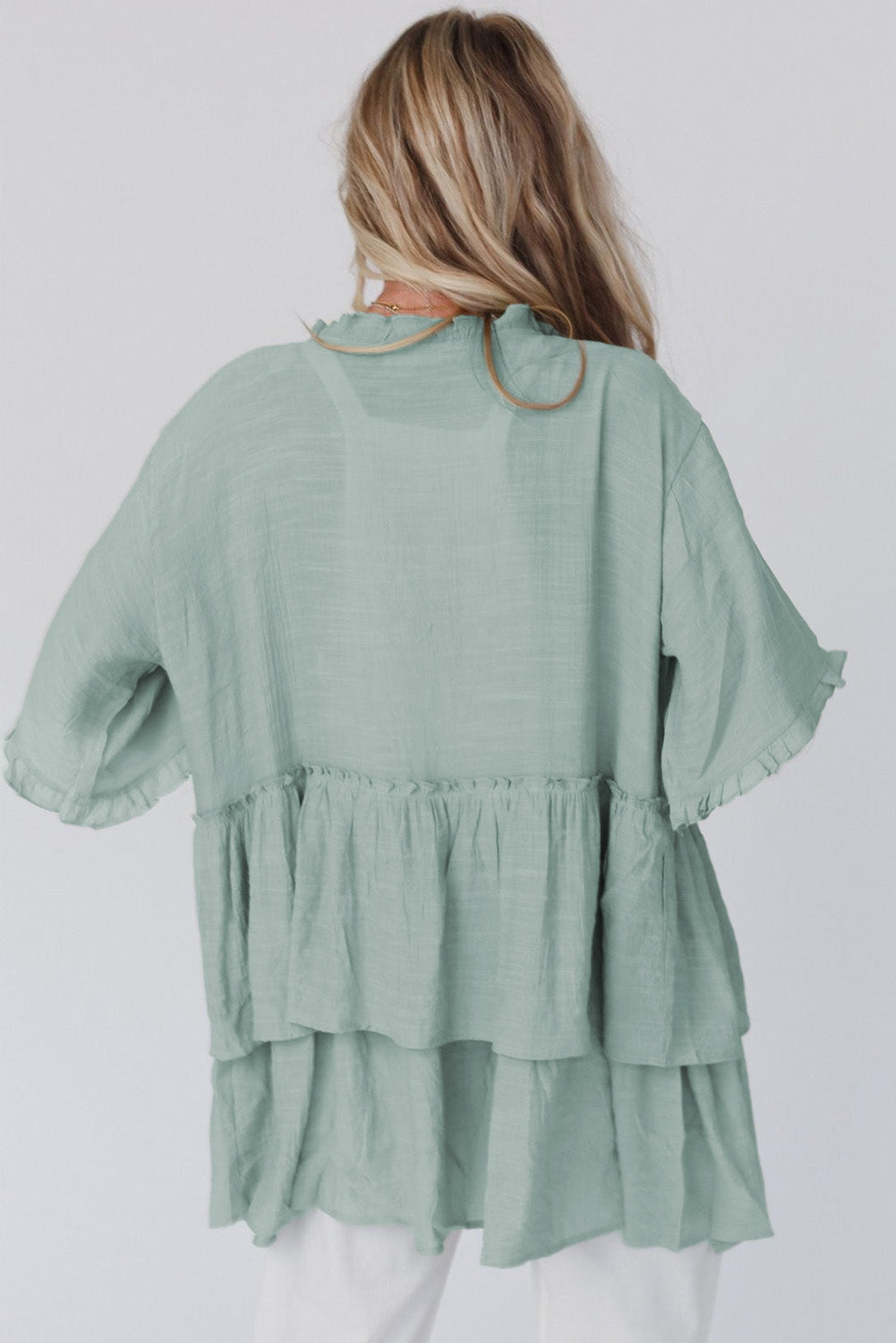 Gray Ruffled Trim Half Sleeve Open Front Kimono